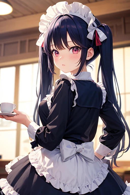 One woman,Twin tails,big tail,Cafe Waitress,blush,Red uniform,Lolita Fashion,one piece,ストライプribbon,Frills,ribbon,Pink Eyes,Navy Blue Hair,Big 