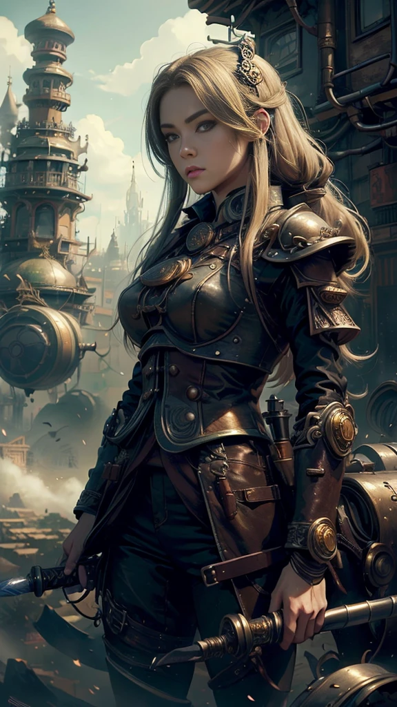 ((best quality)), ((masterpiece)), (detailed), 1 girl, Asian Face,whole body,Standing,Girl,Long blond hair,Green Eyes,Wearing grey steampunk armor,Holding a long sword,Background is the ruins of the city。