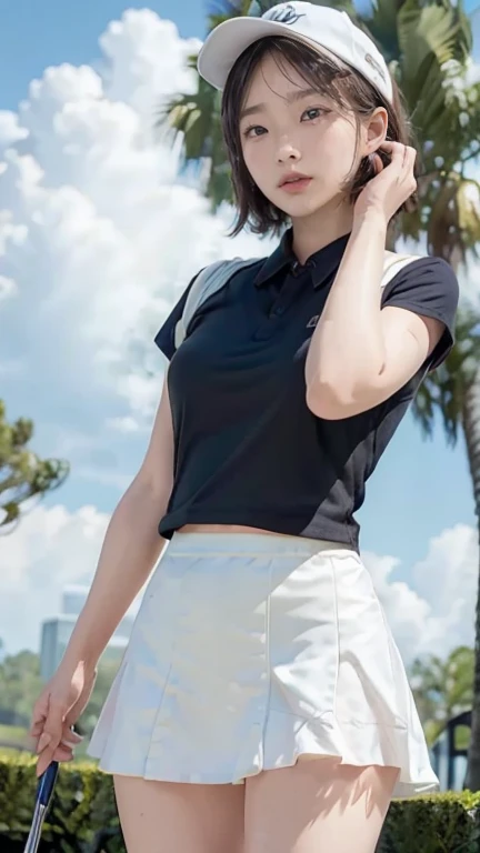 、A smile full of happiness、((Nearly naked:1.3))、Nearly naked、、grass、sweating、standing、(((Long legs、Thighs Thighs Thighs Thighs)))、Sun visor、Medium Hair、Cleavage、One girl,Golf Players,Perfect Face,Crispy breasts, Uneven buttocks,Pastel color sports short sleeve,(((short tight white skirt))),White sports socks,White shoes,Wet body,Swinging a golf club,Golf course,sunny day,cloud, Detailed Background, Clothing Details, Perfect balance, Film Grain, The Colors of Fuji, Light and dark contrast, masterpiece, High detail, high quality, High resolution, Cinema Lighting, 8K, Textured skin, Super detailed