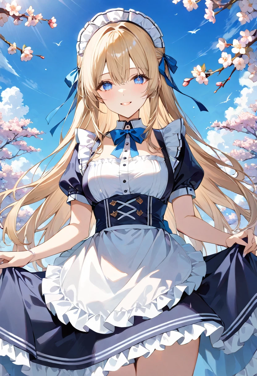 masterpiece, best quality, ultra detailed, detailed eyes, sparkling eyes, The image depicts a young woman dressed in a maid outfit, characterized by its light blue and white color scheme. She has long, flowing blonde hair adorned with a blue ribbon tied into a bow, which complements the bow on her dress. The maid outfit features puffy short sleeves and a high collar, with intricate ruffles along the edges and a prominent blue bow at the waist. Her bright blue eyes are highlighted, and she wears a gentle smile on her face. The background shows a clear blue sky with white clouds and blossoming branches, adding a cheerful and serene ambiance to the scene. The overall aesthetic is vibrant and whimsical, creating a picturesque and charming atmosphere.