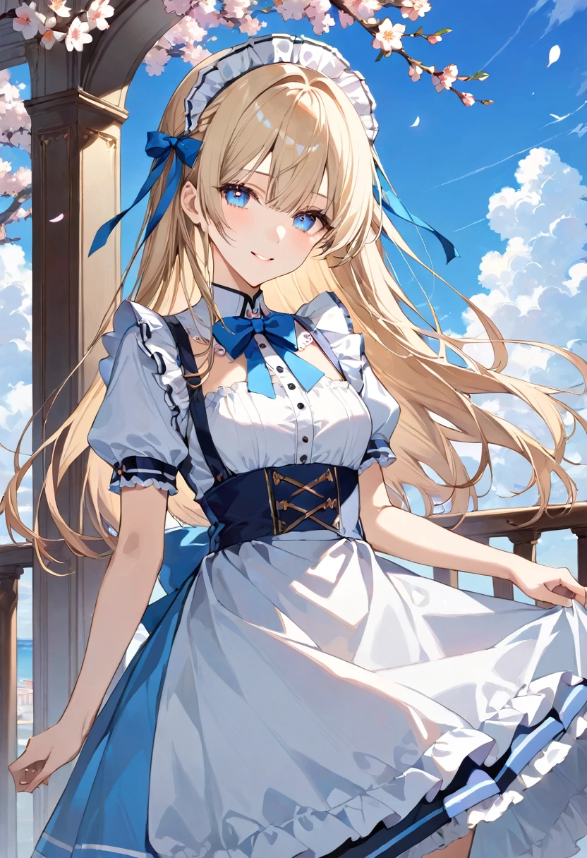 masterpiece, best quality, ultra detailed, detailed eyes, sparkling eyes, The image depicts a young woman dressed in a maid outfit, characterized by its light blue and white color scheme. She has long, flowing blonde hair adorned with a blue ribbon tied into a bow, which complements the bow on her dress. The maid outfit features puffy short sleeves and a high collar, with intricate ruffles along the edges and a prominent blue bow at the waist. Her bright blue eyes are highlighted, and she wears a gentle smile on her face. The background shows a clear blue sky with white clouds and blossoming branches, adding a cheerful and serene ambiance to the scene. The overall aesthetic is vibrant and whimsical, creating a picturesque and charming atmosphere.