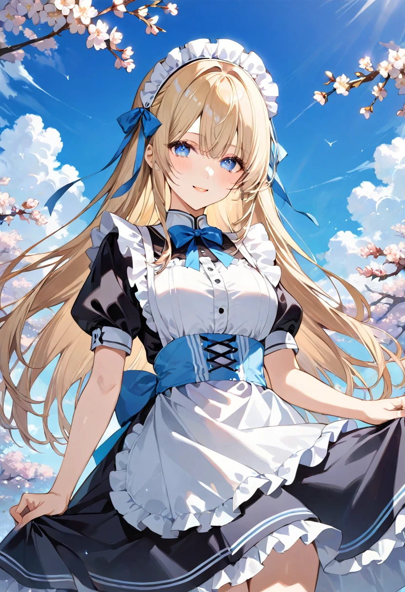 masterpiece, best quality, ultra detailed, detailed eyes, sparkling eyes, The image depicts a young woman dressed in a maid outfit, characterized by its light blue and white color scheme. She has long, flowing blonde hair adorned with a blue ribbon tied into a bow, which complements the bow on her dress. The maid outfit features puffy short sleeves and a high collar, with intricate ruffles along the edges and a prominent blue bow at the waist. Her bright blue eyes are highlighted, and she wears a gentle smile on her face. The background shows a clear blue sky with white clouds and blossoming branches, adding a cheerful and serene ambiance to the scene. The overall aesthetic is vibrant and whimsical, creating a picturesque and charming atmosphere.
