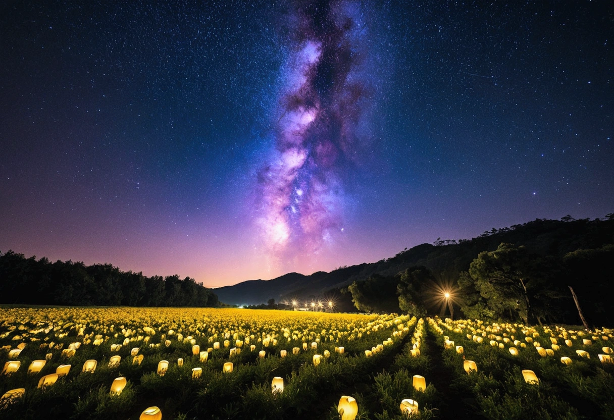 Vast landscape photography，（View from below，There&#39;s a sky above，Below is a wide field、people々sitting in a flower field and looking up，night，Many Kongming lanterns floating in the sky，（full moon：1.2），（Star Cloud：1.3），Fir Mountain, Tree BREAK Making Art，（Warm light source：1.2），（Glow worms：1.2），Intricate details，（Highest quality），4K，Super detailed，（Dynamic configuration：1.4），Rich in details，Variety of colors，（Iridescent colors：1.2），（The light shines，Atmospheric lighting），dream Magic，Magic，（solo：1.