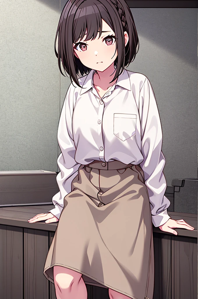 Shinonome Ena、Brown Hair、View here、Big white shirt、White oversized shirt、Inside the room