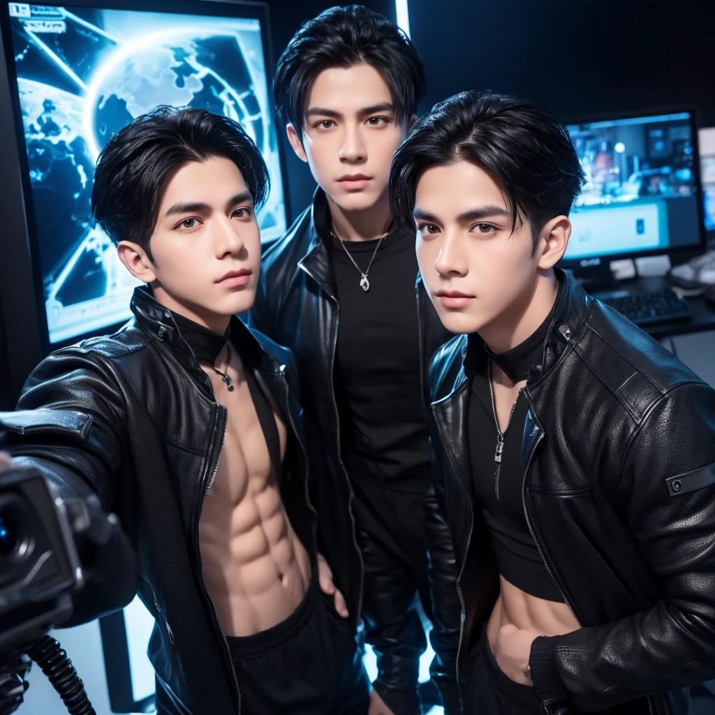 3d, 2 boy twins, perfect body, very handsome, 8k, dynamic selfie pose, high quality, very detailed, Black Hair, Black Eyes, Facing Camera,  the computer background, wear thief outfit, close up