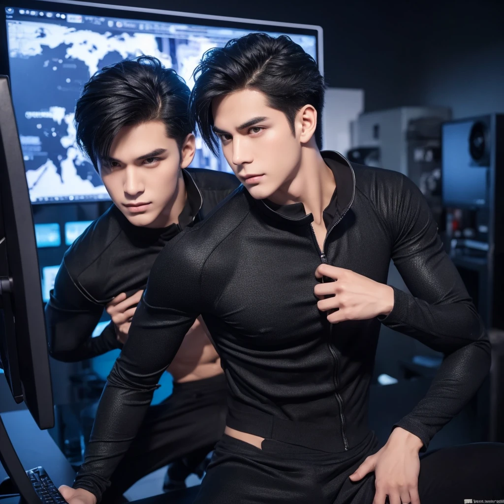 3d, 2 boy twins, perfect body, very handsome, 8k, dynamic selfie pose, high quality, very detailed, Black Hair, Black Eyes, Facing Camera, the computer background, wear thief outfit, close up