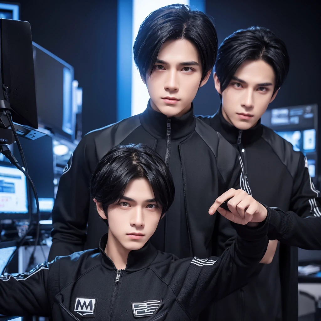 3d, 2 boy twins, perfect body, very handsome, 8k, dynamic selfie pose, high quality, very detailed, Black Hair, Black Eyes, Facing Camera, the computer background, wear thief outfit, close up