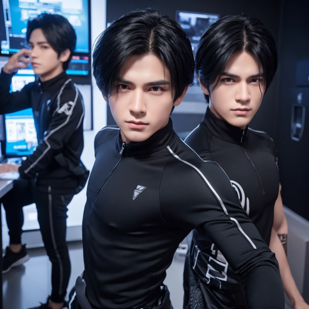 3d, 2 boy twins, perfect body, very handsome, 8k, dynamic selfie pose, high quality, very detailed, Black Hair, Black Eyes, Facing Camera,  the computer background, wear thief outfit, close up