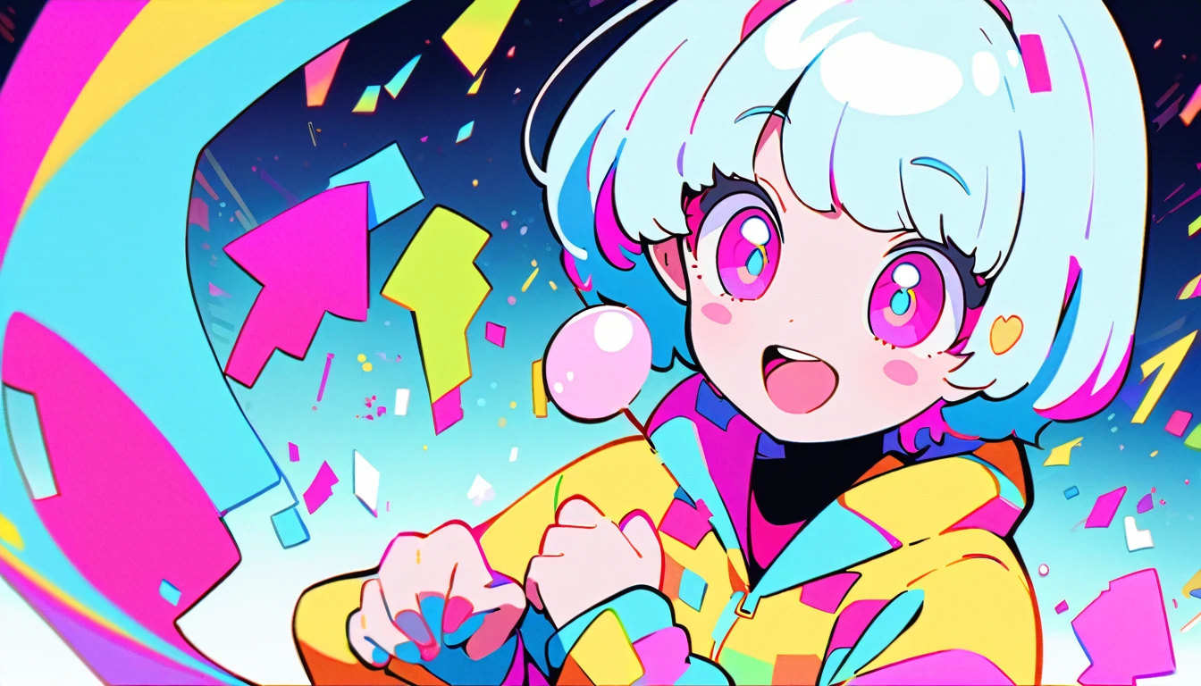 Vibrant art,pop、bright、colorful, 1 female, Light blue hair, short hair、Happy,cute, animation style, kawaii, clearly, colorful cyberpunk, bubblegum pop, cute、Pink and light blue as main colors、I'm cheering loudly、 Headphonesをしている、Headphoneusic、buzzer、buzzer, tropical,