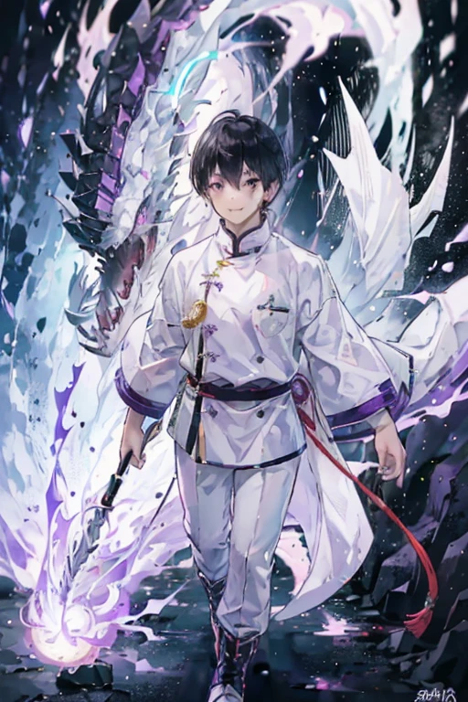 Muscular man, alone, White Windbreaker, White trousers, Gray Hair, Black Hair, Japanese-looking man, Dragon Horn, Purple military boots, Wicked Smile, Dark brown eyes, Fantastic landscape, Walking in the flames of darkness.