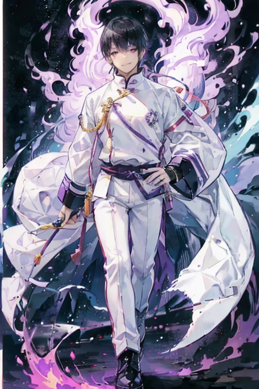 Muscular man, alone, White Windbreaker, White trousers, Gray Hair, Black Hair, Japanese-looking man, Dragon Horn, Purple military boots, Wicked Smile, Dark brown eyes, Fantastic landscape, Walking in the flames of darkness.