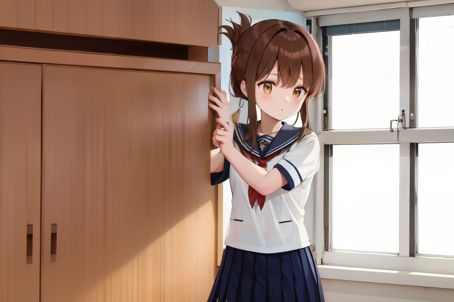 A female student in a sailor uniform is watching a physical education class in the gymnasium because she is feeling unwell,(masterpiece, best quality:1.2),illustration,8K,HD,1girl,独奏,upper body,(portrait:1.2),brown_hair,folded_ponytail,brown_eyes,serafuku,long_hair,school_uniform,skirt,pleated_skirt,