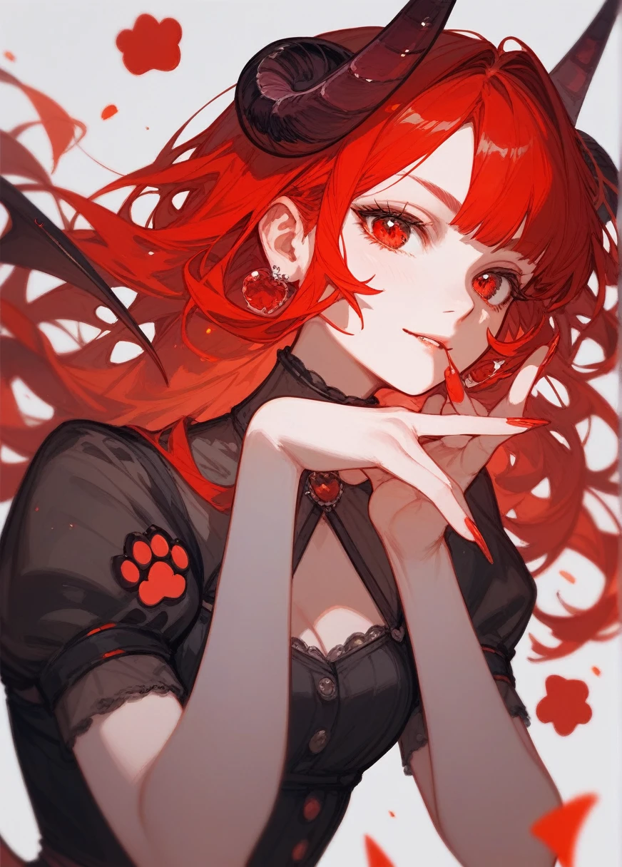 (Fraction_9,Fraction_8_up,Fraction_7_up),1 Girl,Devil Girl,Red hair,Red Eyes,wing,paw,Black skirt,beautiful_Face,