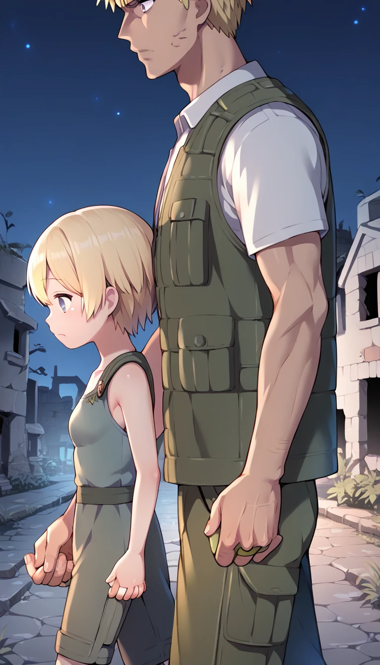 score_9, score_8_up, score_7_up, source_anime BREAK 
1girl, 14yo, _young, from side, small breasts, (girl dirty grey casual dress, holding hand in another's hand, blonde short hair, grey eyes, sad face), (town ruins:1.35), outdoors, walking, ((size difference:1.5)), (male calm face out of frame, (male cargo vest, pants)), ((night scene background:1.35))