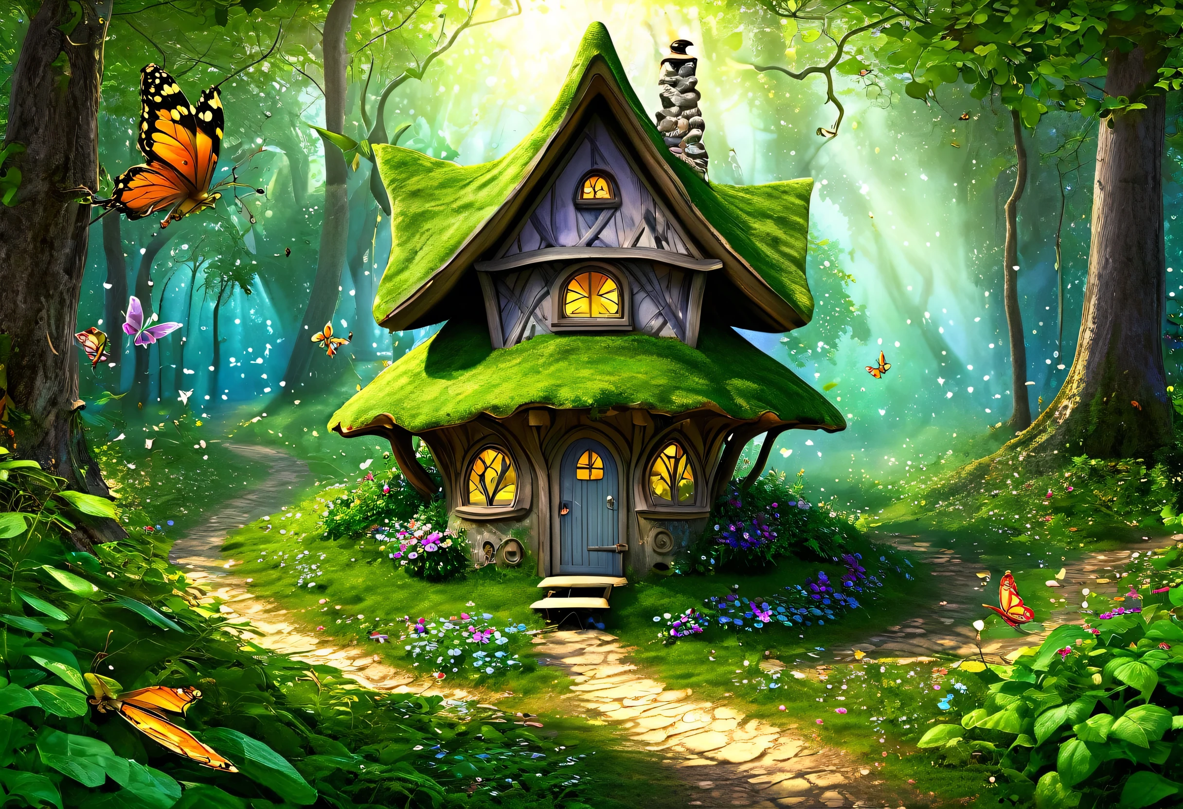 A painting of a fairy house in the forest with butterflies flying around, A pleasant and enchanting scene, enchanted magical fantasy forest, magic fairy forest, Beautiful house on a forest path, cottage in the woods, magical fantasy forest, Fairey Palace, Enchanted and magical forest, witch cottage in the woods, Fairy Kingdom Forest, Hut in the forest, Magic fairy background, Magical Scene