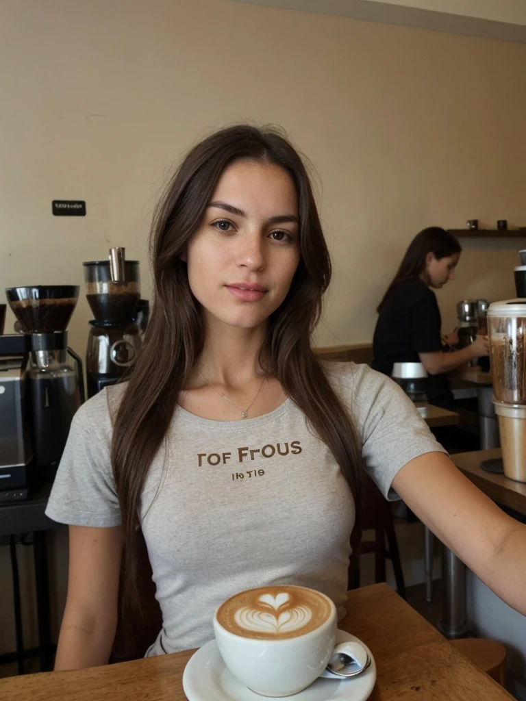 a selfie photo of a woman in a coffee shop using a phone from 2010, (((infinite focus)))