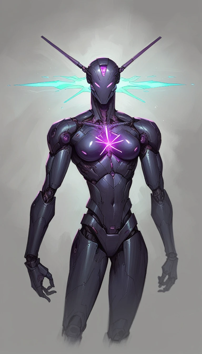 ,masterpiece, best quality, 4k, best quality, masterpiece,sexy robot girl,seams black body, , standing, (energy veins,purple, energy trims),black cables on head, high-definition, crisp clarity, sharp contrast, vivid luminance, intricate textures, metallic sheen, radiant glow.neon trim,(purple-blue trims:1.3)