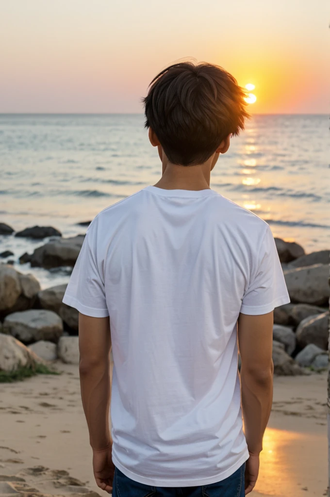 Anime boy looking at sunset wearing white t shirt , on the back of t shirt zeenium is written