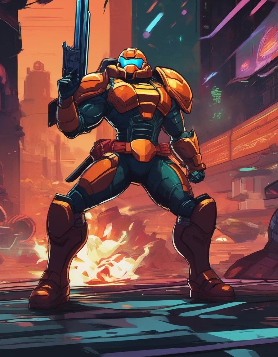 Cartoon image of man holding gun and hat, Doomman is similar to Samus, 在fighting,Plants vs.,Character art相反, Valgaat style, 官方Character art, Ray Punk, Duke Nukem Art Style, With a plasma gun, Charya, cyber space cowboy, Very stylized character design, game character, game character art, Character art, Qataghting,Poster Art,World,fighting中