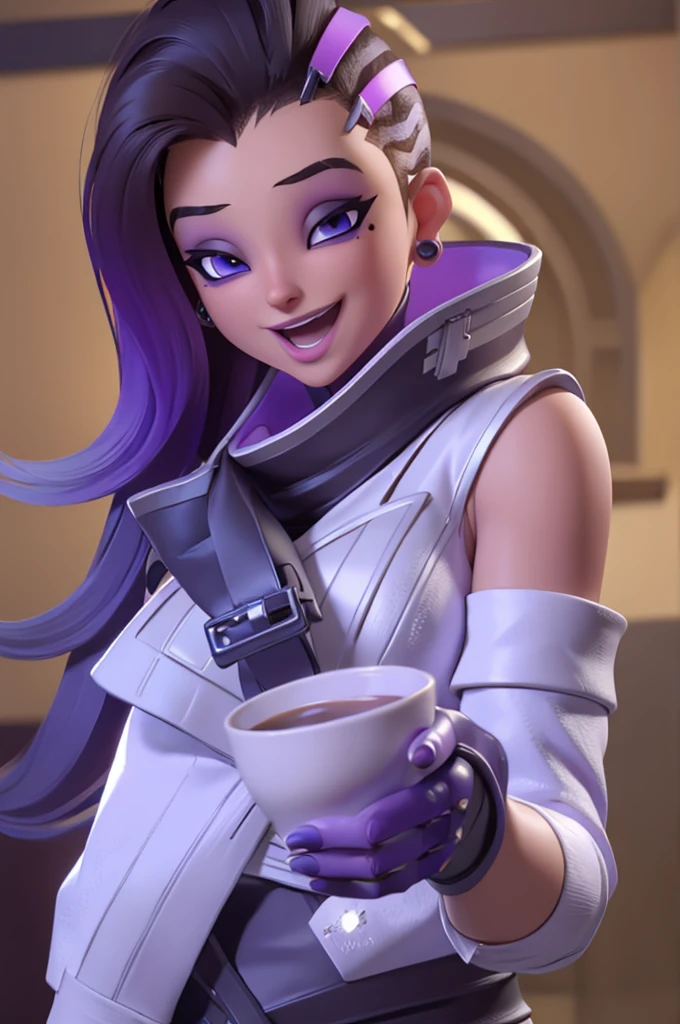 shadow, purple eyes, mole under the eye, make up, looking at the viewer, happy, laugh, Open mouth, lingerie, breasts, naked nipples sexy session, holding a cup of coffee, drinking coffee, outside, snowing, Docks, 
extreme detail, Masterpiece, fantasy quality, cgi,  