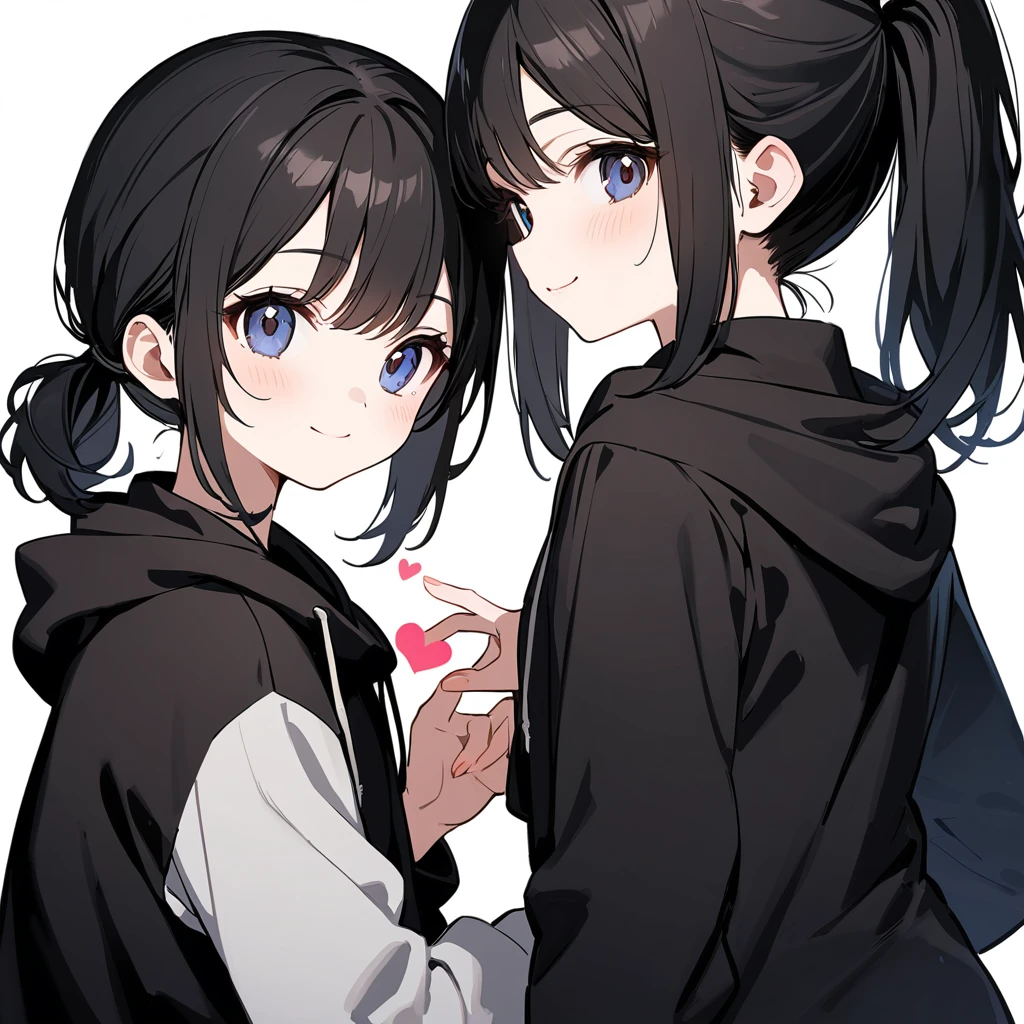 best quality, beautiful, smile, a girl, twins ,two girls,(one girl is black hair, (((low short pony tail hair))) ,black hoodie,(((tall)))),(The other girl is black hair,pony tail,black hoodie,(((short)))), making a heart with hands, looking at viewer, looking to the side, eyes open, pale skin, 10-year-old, white background
