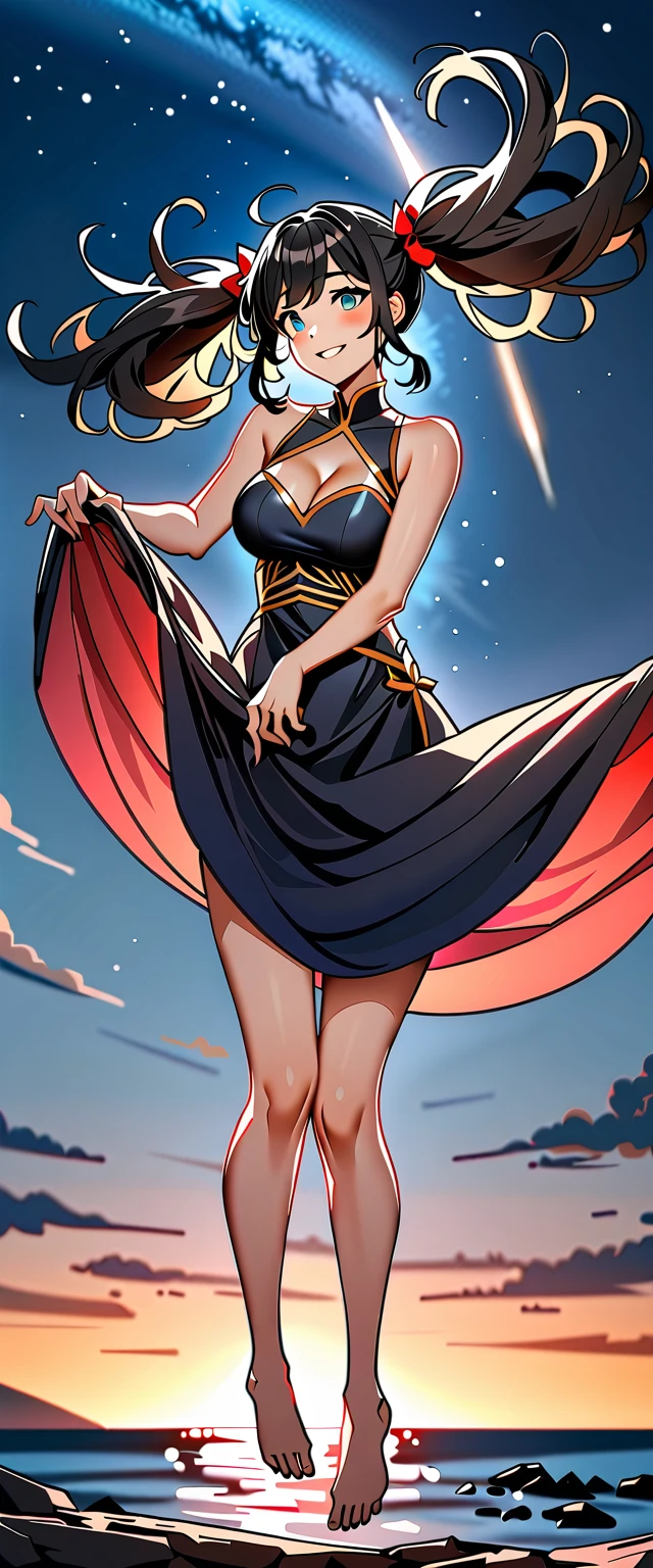 Photo of a woman with natural skin, ((Upper Body)), Dynamic pose, Looking at the camera, laughing, She has black hair in twin tails with red mesh, Sharp eyes with blue eyeshadow, Shining eyes, A thin, upturned nose, Well-shaped lips, ((Black shoulder dress, Decorated clothing)), Big Breasts, barefoot, Makeup, Exquisitely crafted with the utmost attention to detail, Vibrant, amazing, Smooth, Cinematic, 4K, Backlight, ((Atop a cliff with a beautiful starry sky, Cliff)), Shallow depth of field, ((Detailed eyes:1.3, Detailed lips:1.3, high quality, )), masterpiece, Super detailed images, High quality