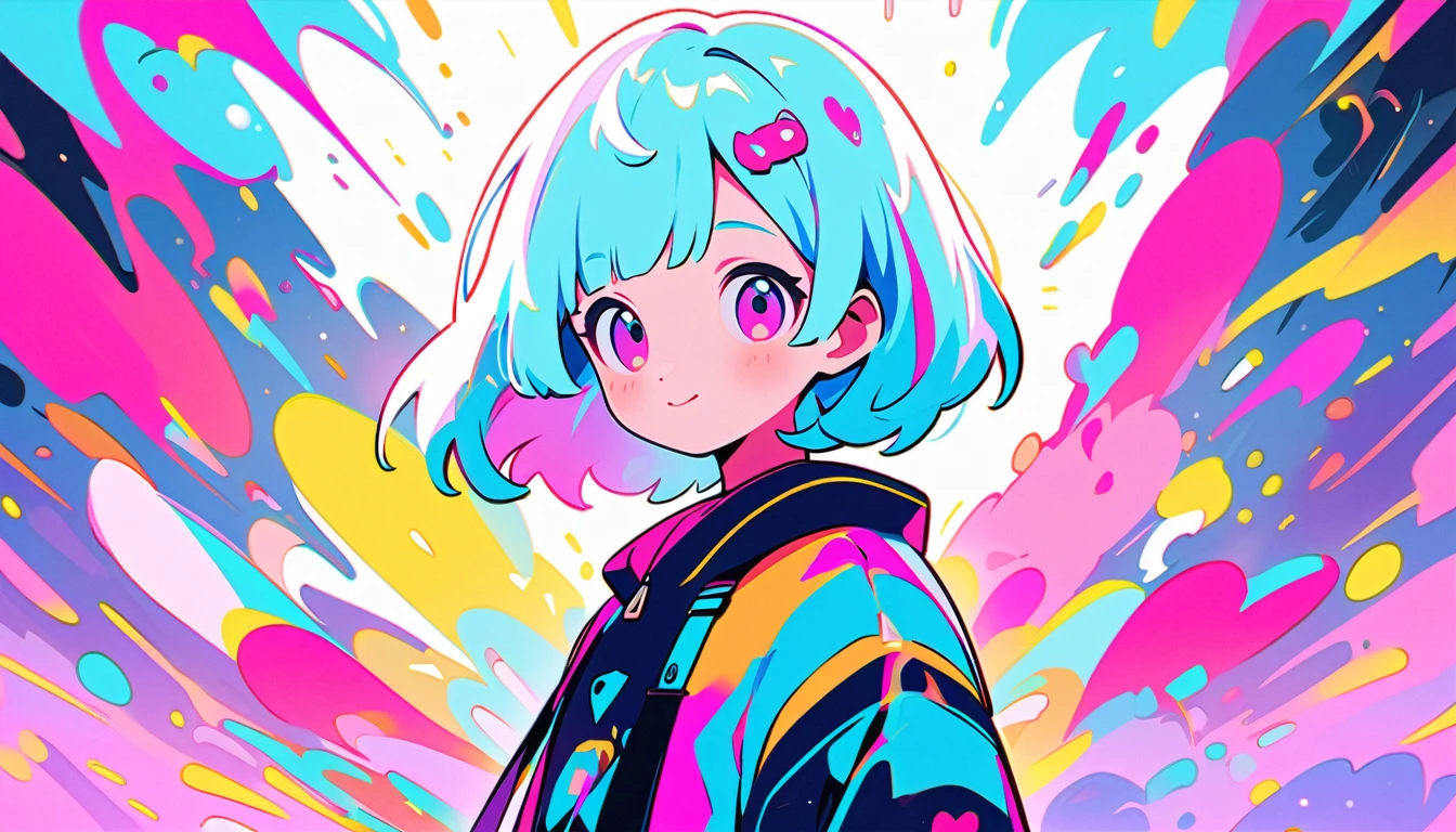 Vibrant art,pop、bright、colorful, 1 female, Light blue hair,　short hair、Happy,cute, animation style, kawaii, clearly, colorful cyberpunk, bubblegum pop, cute、Pink and light blue as main colors、I&#39;m cheering loudly、　Headphonesをしている、Headphoneusic、buzzer、buzzer, tropical,