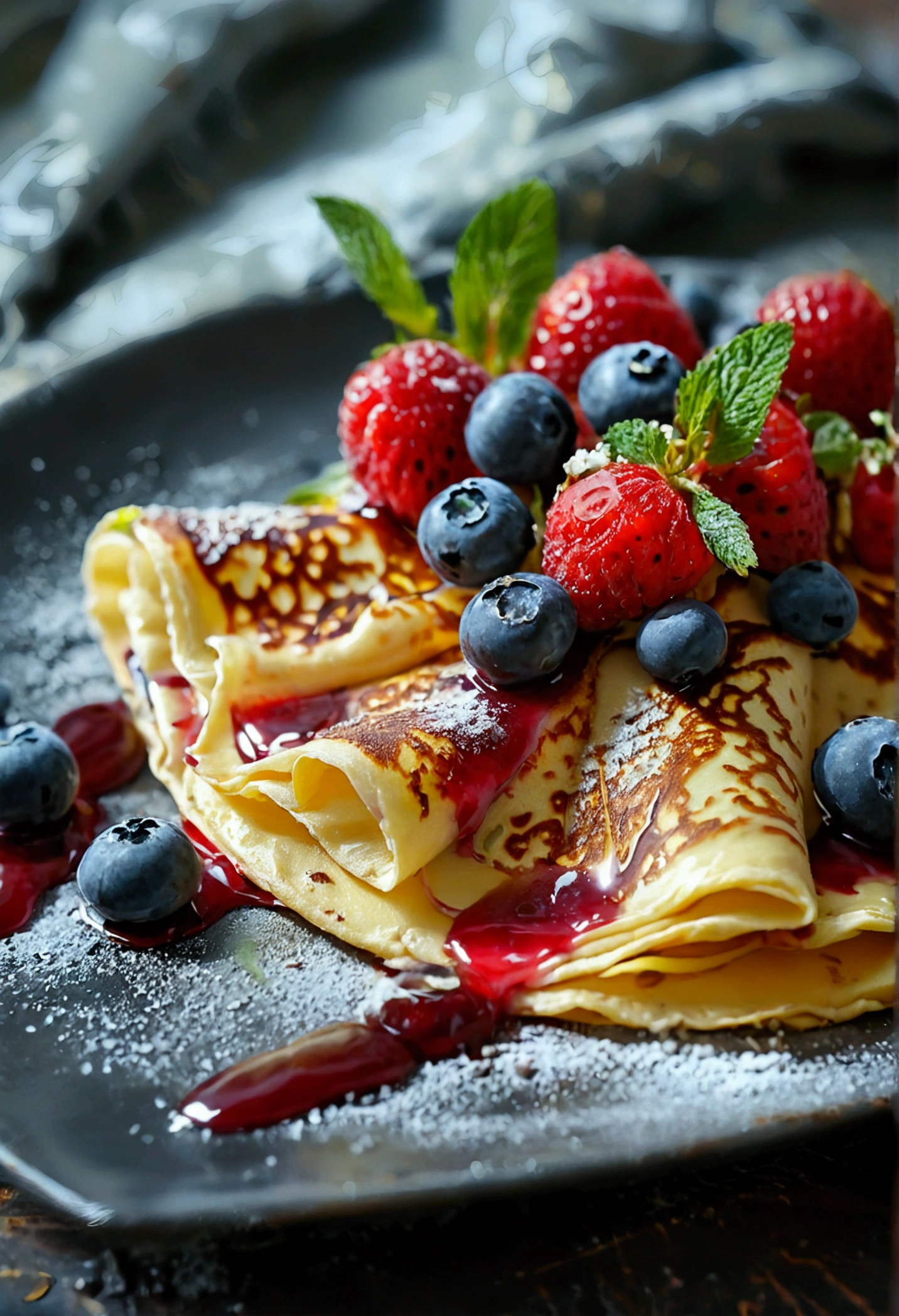 Crêpes protéinées au fromage à la crème fouettée et aux myrtilles