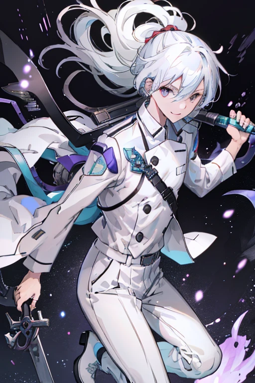 Muscular man, alone, White Windbreaker, White trousers, Gray Hair, Black Hair, Japanese-looking man, Dragon Horn, Purple military boots, Wicked Smile, Dark brown eyes, Fantastic landscape, Walking in the flames of darkness.
