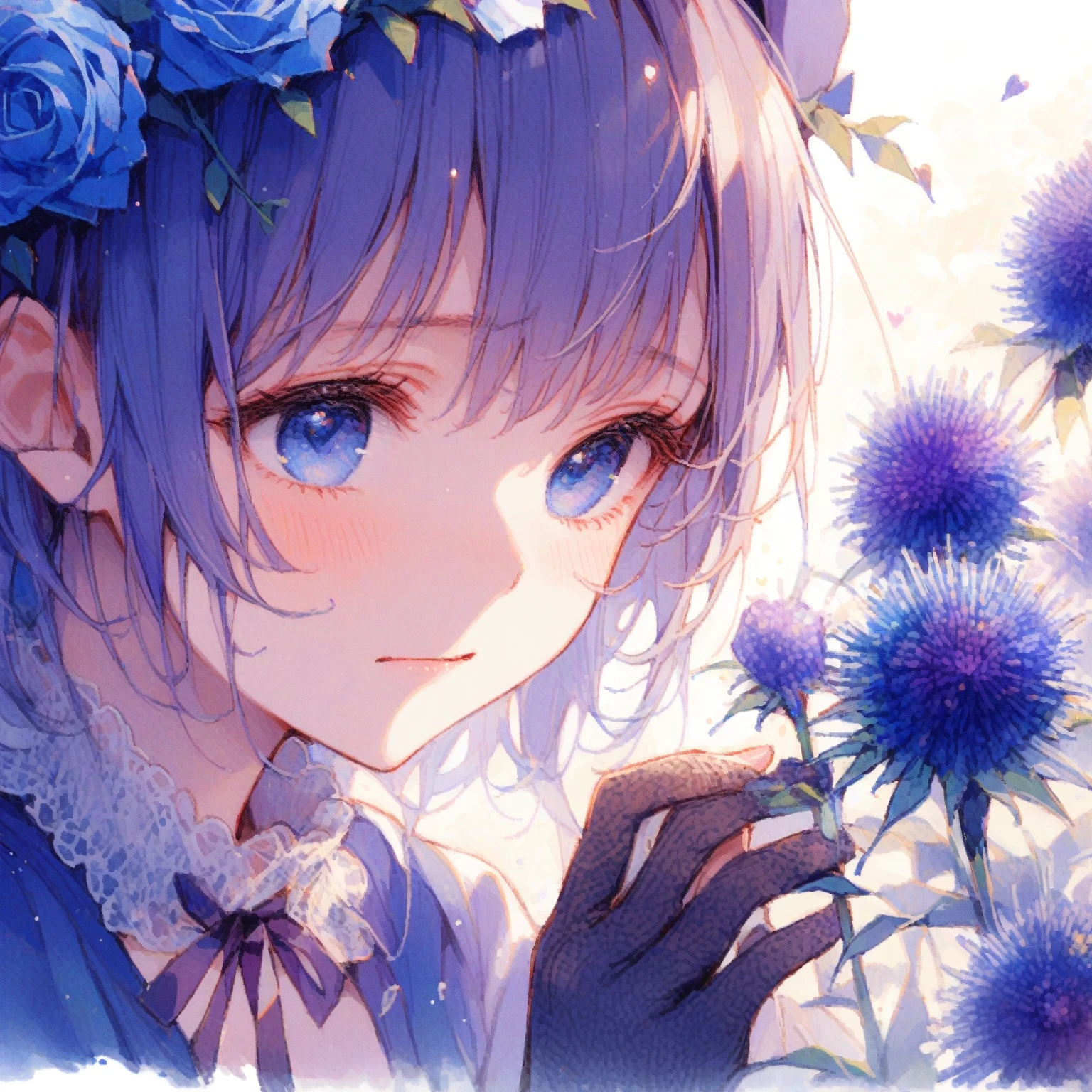 1girl、Blue-purple Echinops ritro、「sharpness」「Broken Hearts」、Moist eyes、I squint my eyes as I reach out to touch the flower.、tegaki