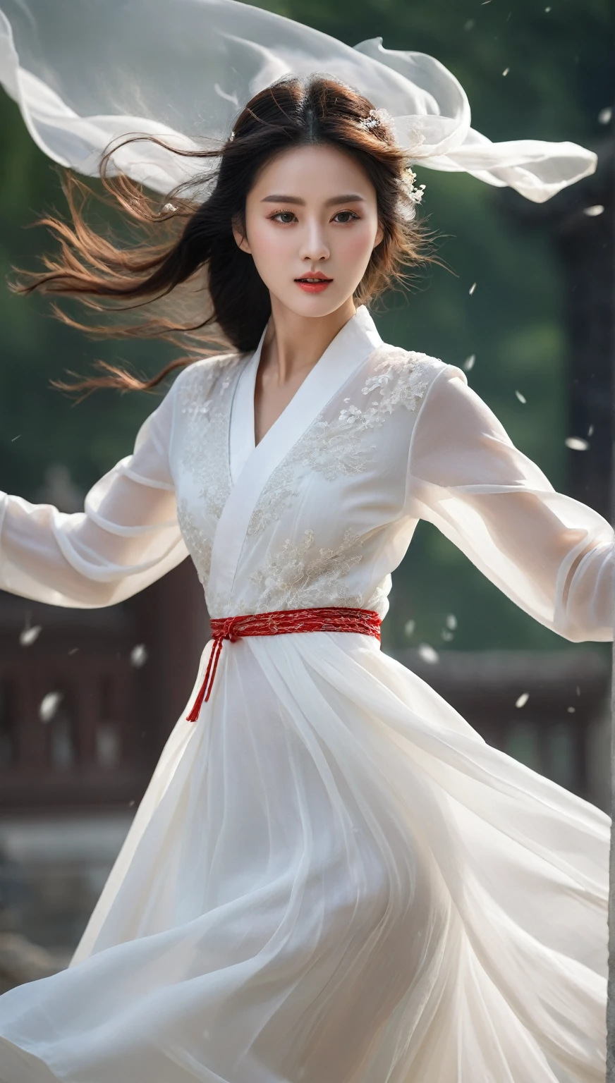 beautiful Korean woman, (((Mikamaria))), (motion blur:1.3), abnormally stunning beautiful face, black and white close-up,woman in intricate pure white hanbok dress, spinning frantically, translucent stinging air particles on the hem of the dress ,Flying in the air like a Chinese movie ,spinning frantically, translucent tingling air particles on dress hem,in ancient china, professional fashion photography,UHD, 4k, 8k