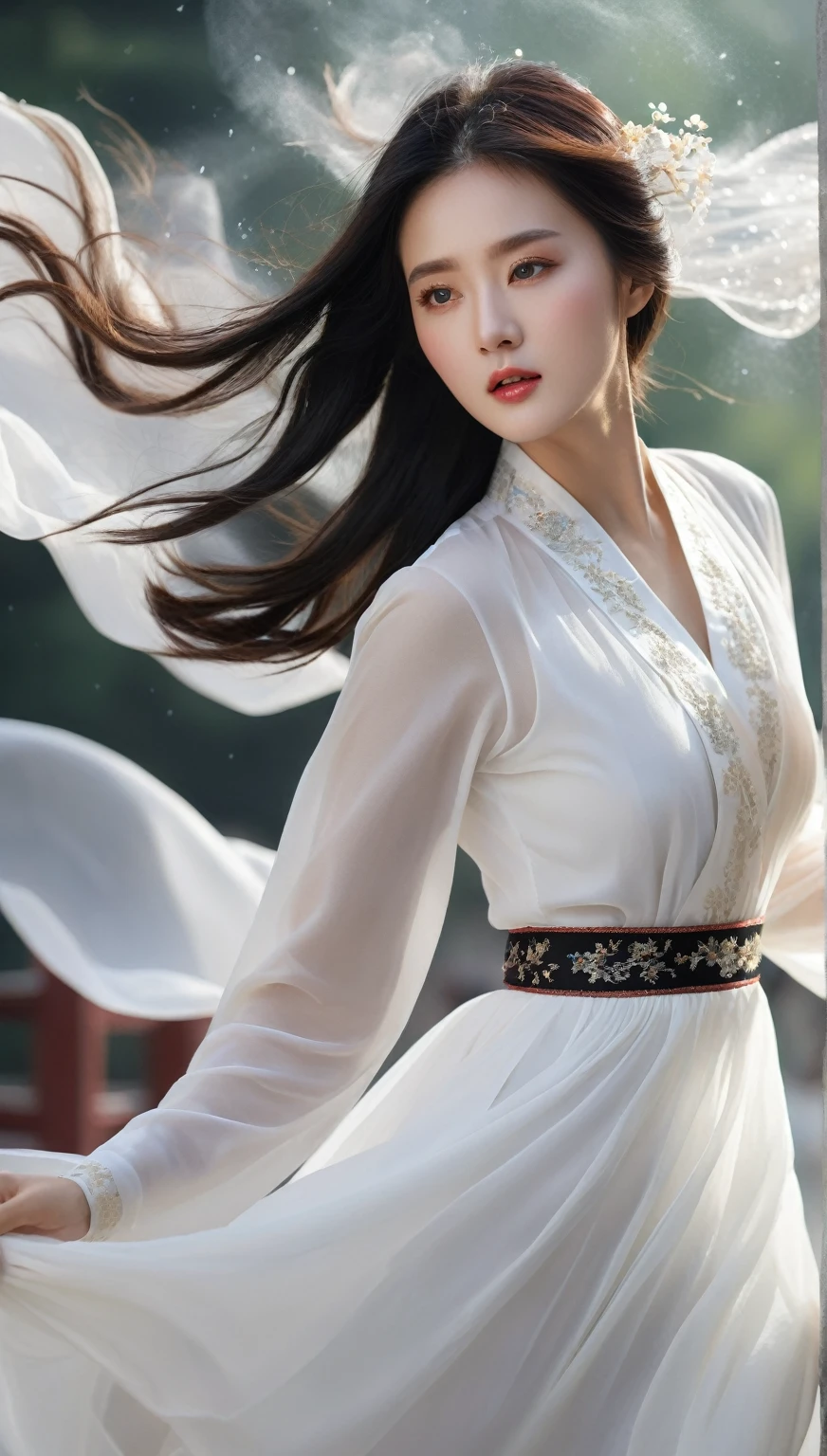 beautiful Korean woman, (((Mikamaria))), (motion blur:1.3), abnormally stunning beautiful face, black and white close-up,woman in intricate pure white hanbok dress, spinning frantically, translucent stinging air particles on the hem of the dress ,Flying in the air like a Chinese movie ,spinning frantically, translucent tingling air particles on dress hem,in ancient china, professional fashion photography,UHD, 4k, 8k