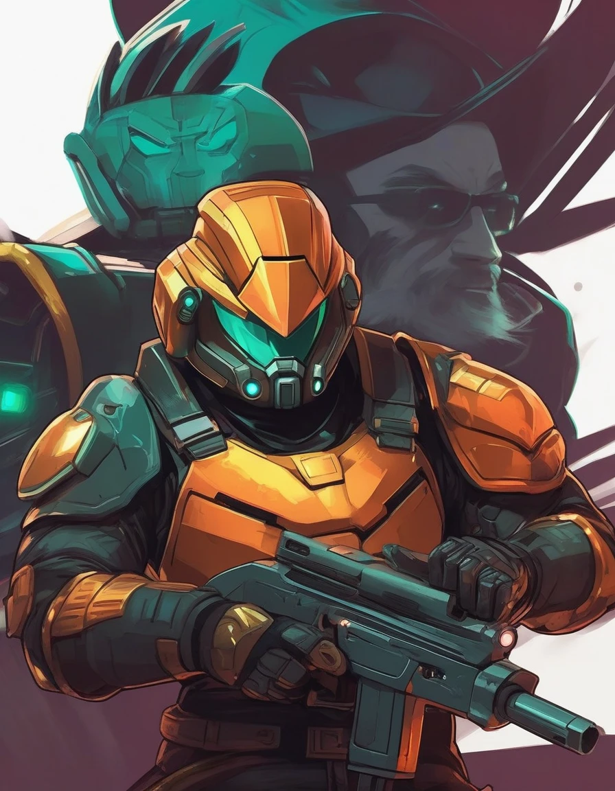 Cartoon image of man holding gun and hat, Doomman is similar to Samus, 在fighting,Magic Attacks,fighting中,Plants vs.,Character art相反, Valgaat style, 官方Character art, Ray Punk, Duke Nukem Art Style, With a plasma gun, Charya, cyber space cowboy, Very stylized character design, game character, game character art, Character art, Qataghting
