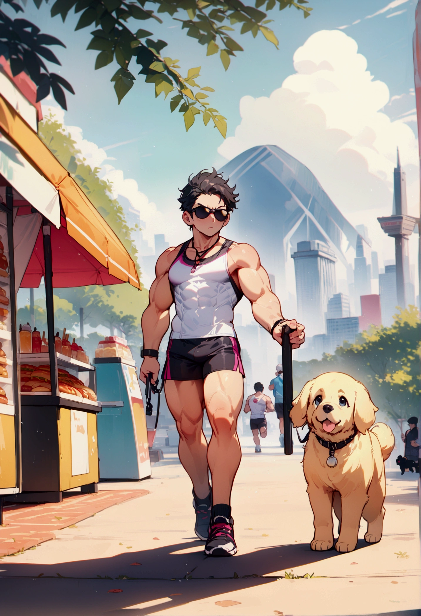 best quality, masterpiece, 8K, HD, young muscular man, wearing sports tank top and tiny shorts, wearing stylish sunglasses, walking a black puppy and golden retriever puppy puppies on leashes, in a park, a hotdog stand with umbrella, metropolitan city in the background, full body, vibrant colors, highly detailed