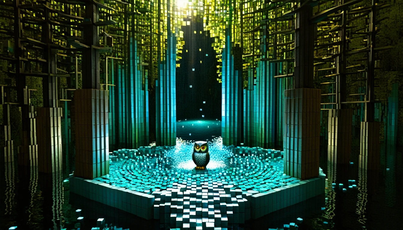 An enchanted lake in a deep, secret location littered with RAL-3D cubes, Great light pours in,Baby owl watching from afar