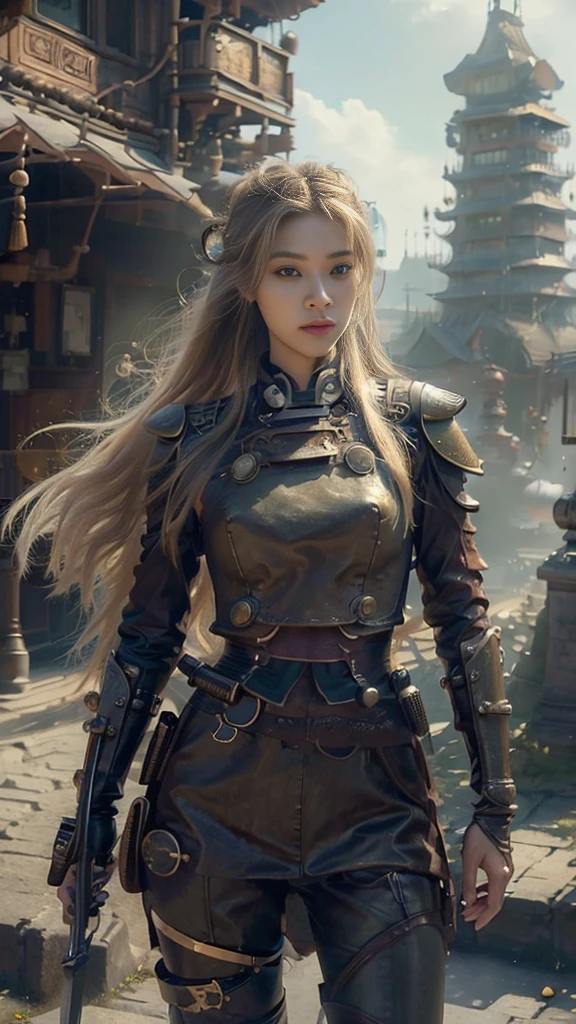 ((best quality)), ((masterpiece)), (detailed), 1 girl, Asian Face,whole body,Standing,Girl,Long blond hair,Green Eyes,Wearing grey steampunk armor,Holding a long sword,Background is the ruins of the city。