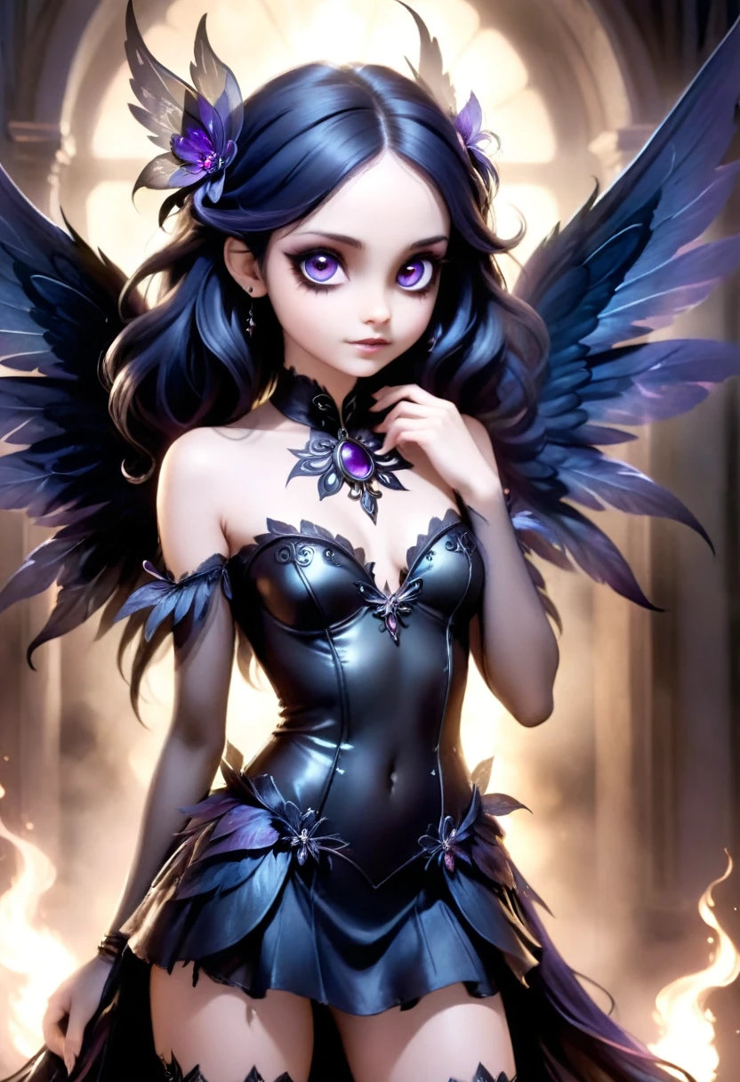 Anime personage, A beautiful ethereal cute dak fairy, gothic aethestics, smoke effects, dark long hairr, deep dark fairy wings, big detailed eyes. The scene is rich with dark fantasy elements, dramatic lighting, Captured in a dramatic and cinematic style, in dinamic composition, the image blends video game art illustration with movie picture influences.