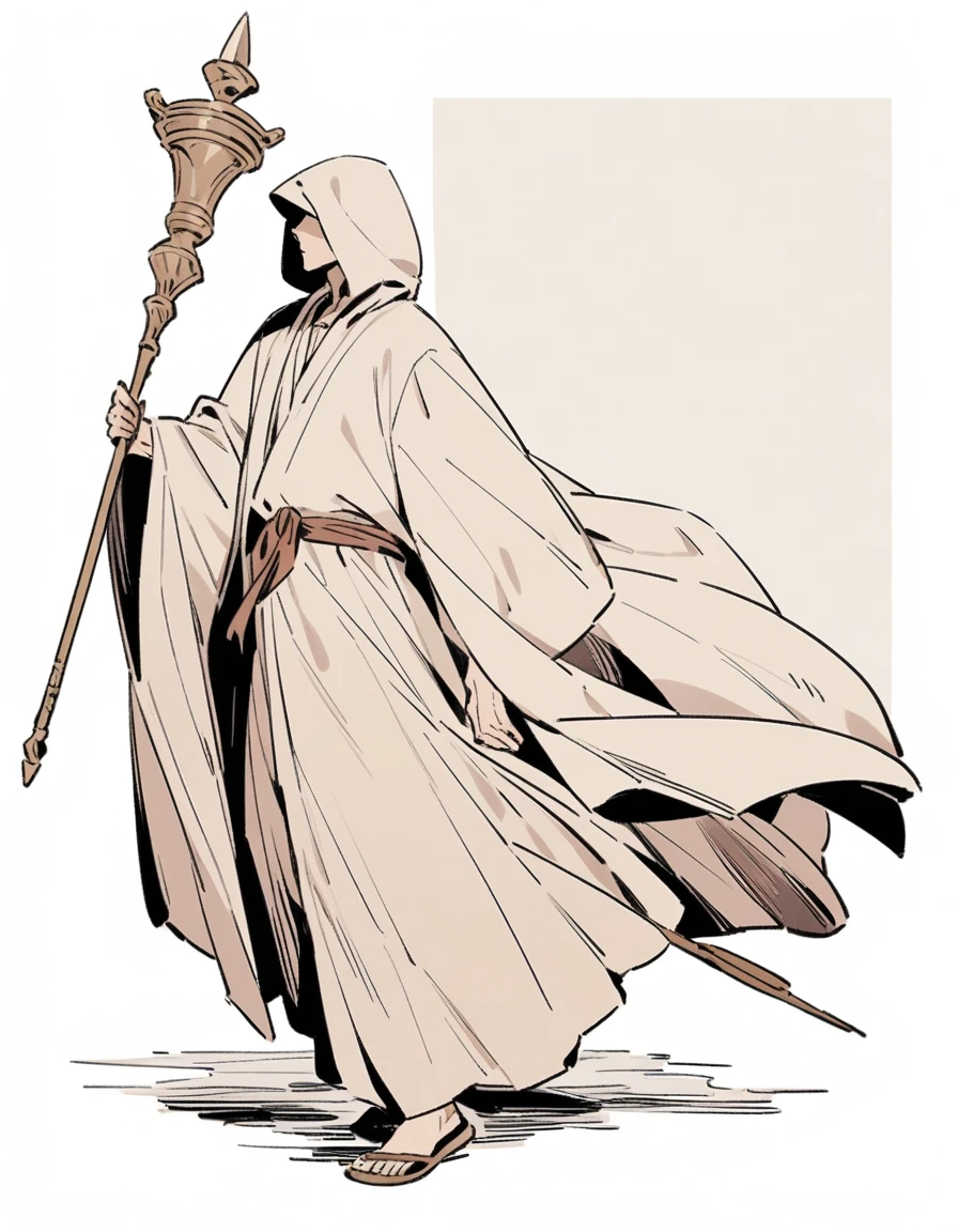 Man in ancient robe walking with a staff in his hand (side image)