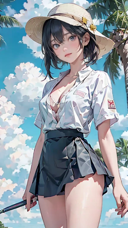 、A smile full of happiness、((Nearly naked:1.3))、Nearly naked、、grass、sweating、standing、(((Long legs、Thighs Thighs Thighs Thighs)))、Sun visor、Medium Hair、Cleavage、One girl，Golf Players，Perfect Face，Crispy breasts, Uneven buttocks,Pastel color sports short sleeve，(((short tight white skirt)))，White sports socks，White shoes，Wet body，Swinging a golf club，Golf course，sunny day，cloud， Detailed Background, Clothing Details, Perfect balance, Film Grain, The Colors of Fuji, Light and dark contrast, masterpiece, High detail, high quality, High resolution, Cinema Lighting, 8K, Textured skin, Super detailed
