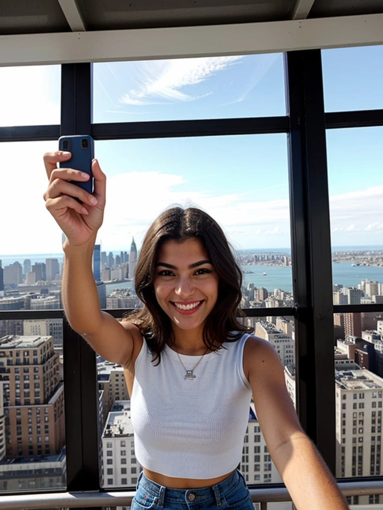 a selfie photo of a woman on the empire state building view deck using a phone from 2010, (((infinite focus)))
