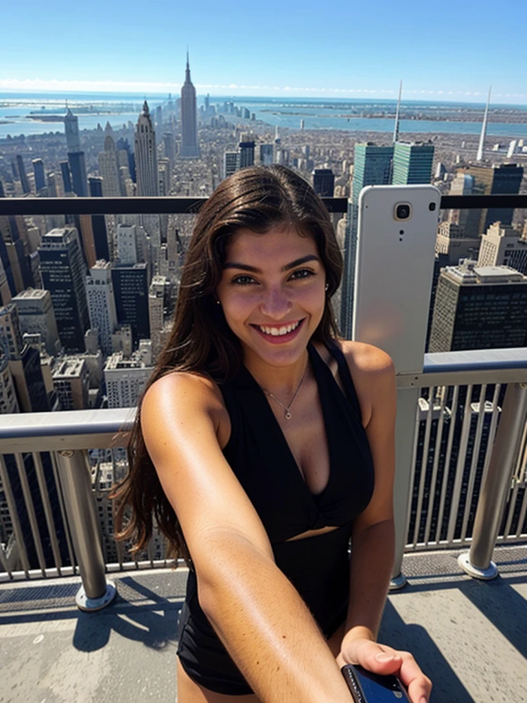 arafed woman taking a selfie from the top of a skyscraper, standing on a skyscraper rooftop,