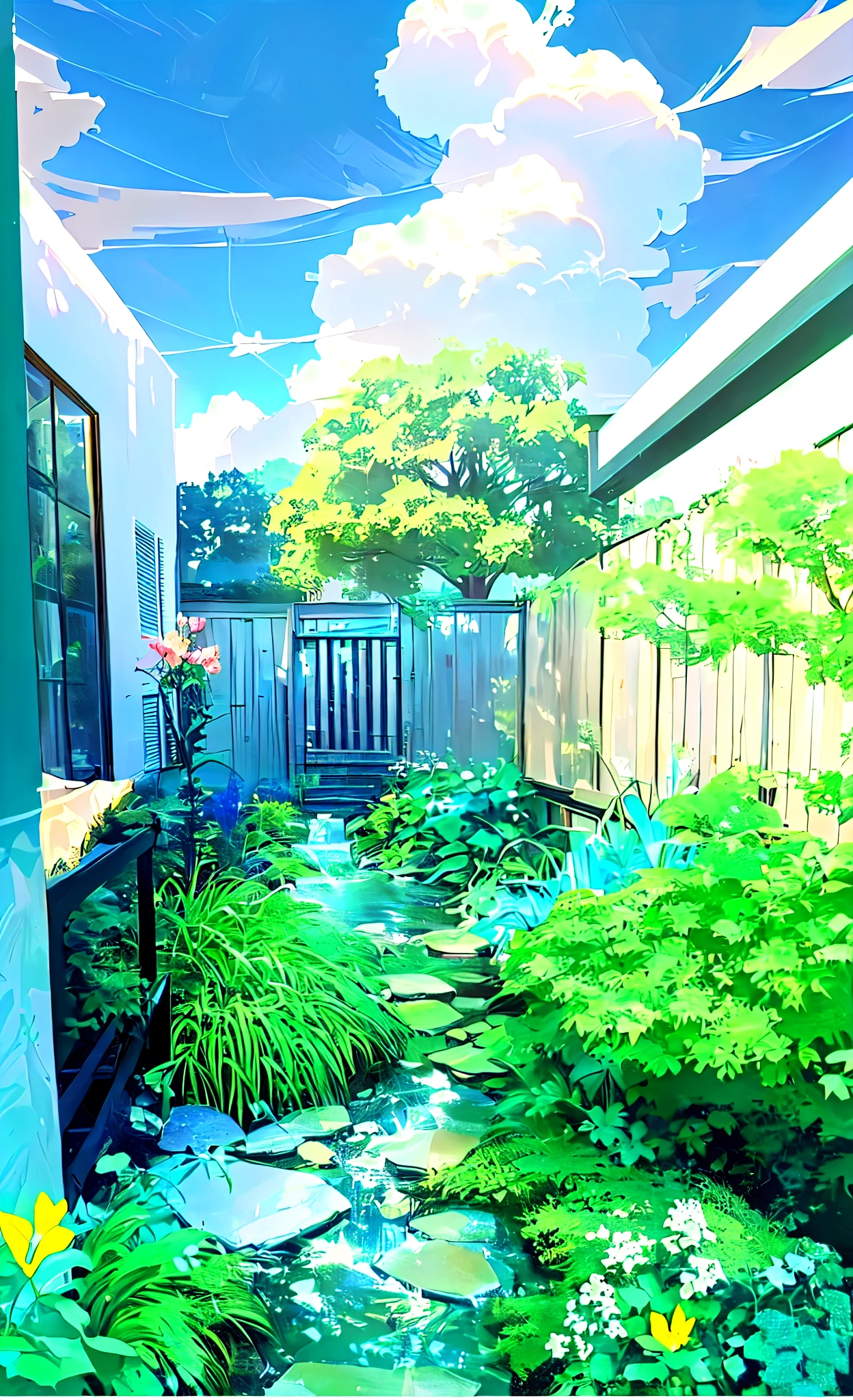 There is a painting，The painting shows a stream flowing through a garden, In the anime painter studio, Realistic garden, backyard, Produced in collaboration with Anime Painter Studio, overgrown garden environment, Anime Background Art, garden environment, backyard, Outdoor greenery, Realistic anime 3D style, green alleys, Anime Landscape, backyard garden, Lush garden, suburban garden, green alleyss