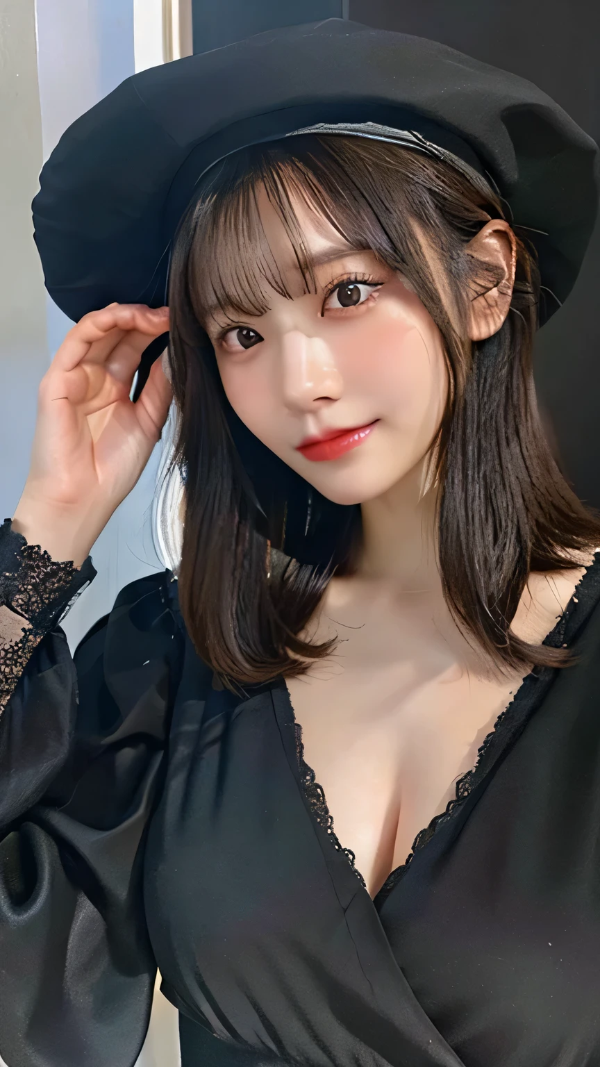 Highest quality, masterpiece, Ultra-high resolution, (Realistic:1.4), RAW Photos, One girl, Black short hair, Detailed eyes and face,, Dynamic Lighting, Modest, whole body, Japanese, witch, hat, Big Breasts