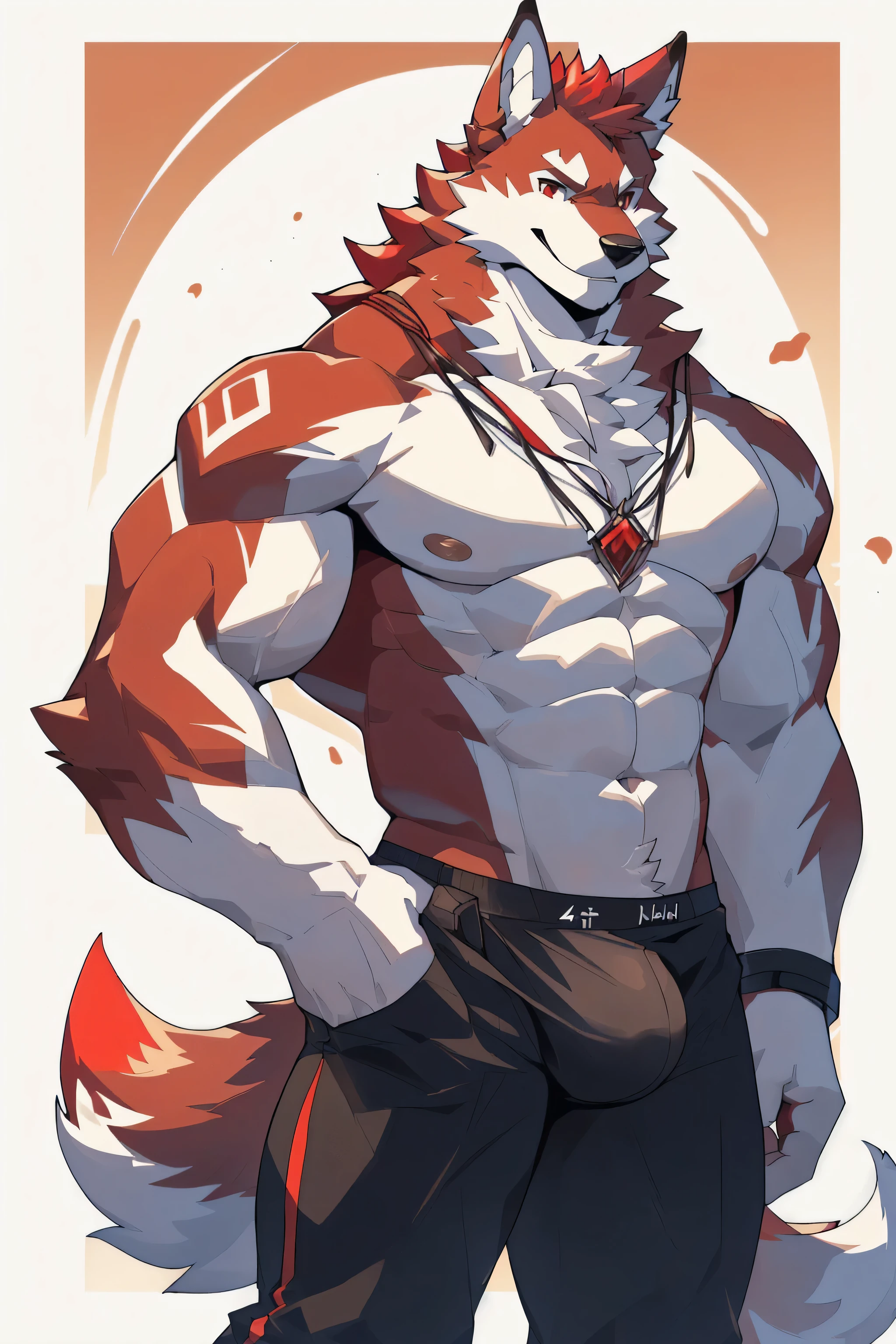 Orange background,high resolution,4K,masterpiece,high quality,35 years old,((Wolfdog)),male,((whole body:1.4,Strike a pose:1.5,Mature:1.3,Smiling face:1.4)),WolfdogFurry,(Uncle figure:1.5,hairy),((Moderate:1.2)),((Strong body:1.5,Long legs:1.3,big ear:1.3,Thick long tail,((No clothes,Wearing white underwear)),(((Red head:1.4,White neck:1.3,Red eyes:1.3,White chest:1.3,White belly:1.3,Red back of hand:1.3,Red and white tail:1.3,Crotch bulge))),Delicate eyes:1.6,Fine details,Detailed body,(Detailed hand details:1.4)