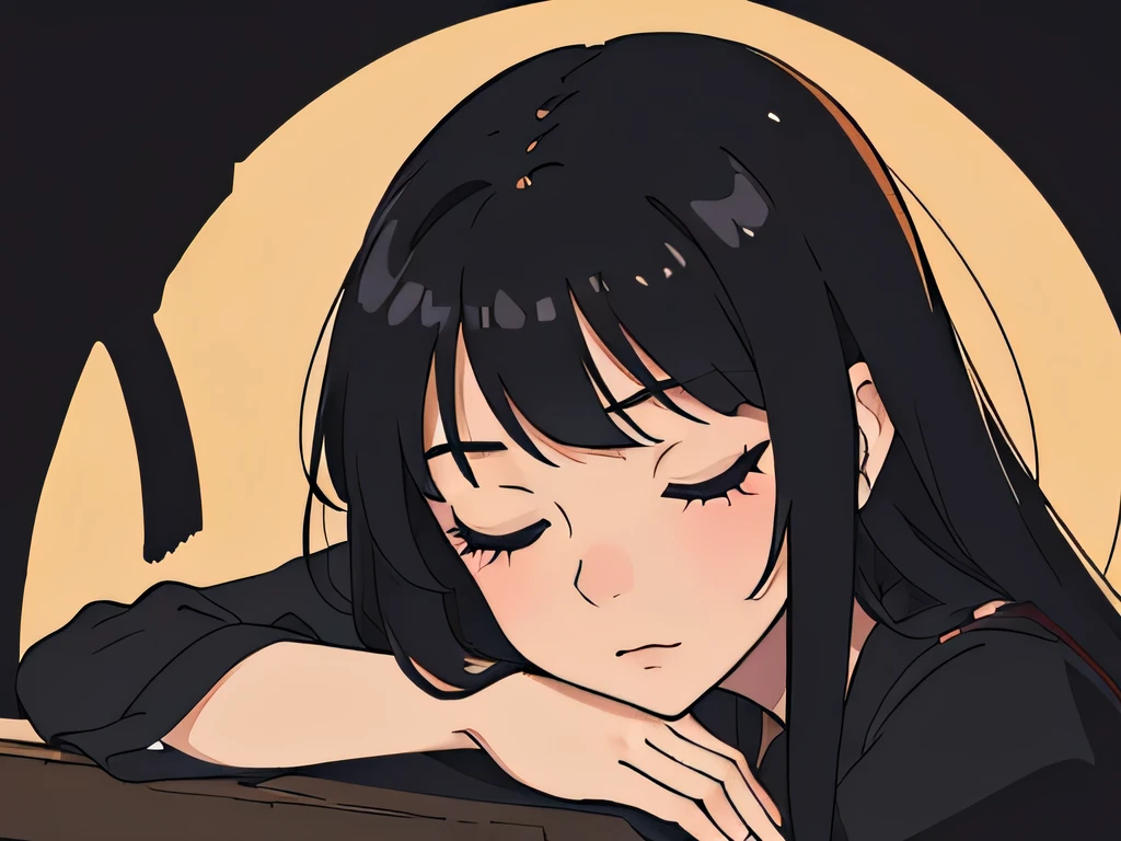 perfect anime illustration closeup portrait of a girl having long black hair with bangs, wearing a dress, erotic, posing for a picture, professional pose, artistic, eyes closed, resting face on her hand