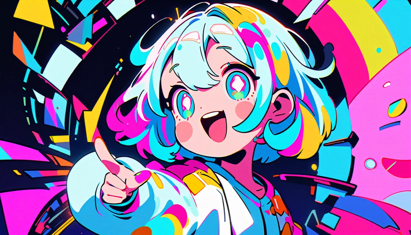 Vibrant art,pop、bright、colorful, 1 female, Light blue hair, short hair、Happy,cute, animation style, kawaii, clearly, colorful cyberpunk, bubblegum pop, cute、Pink and light blue as main colors、I'm cheering loudly、 Headphonesをしている、Headphoneusic、buzzer、buzzer, tropical,