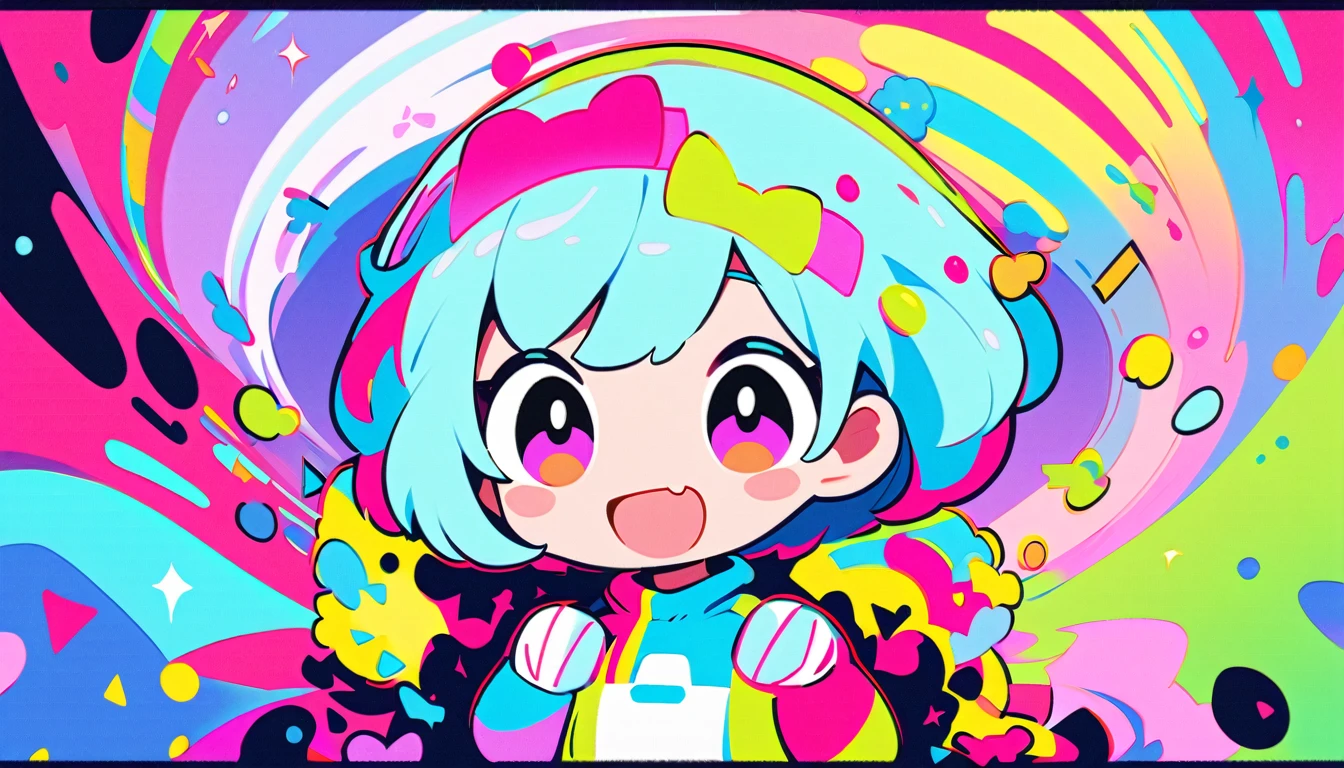 Vibrant art,pop、bright、colorful, 1 female, Light blue hair,　short hair、Happy,cute, animation style, kawaii, clearly, colorful cyberpunk, bubblegum pop, cute、Pink and light blue as main colors、I&#39;m cheering loudly、　Headphonesをしている、Headphoneusic、buzzer、buzzer, tropical,