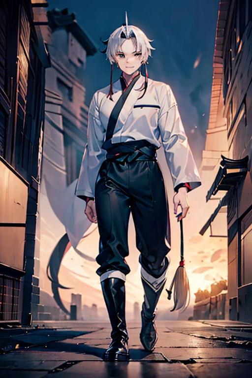 Muscular man, alone, White Windbreaker, White trousers, Gray Hair, Black Hair, Japanese-looking man, Dragon Horn, Purple military boots, Wicked Smile, Dark brown eyes, Fantastic landscape, Walking in the flames of darkness.
