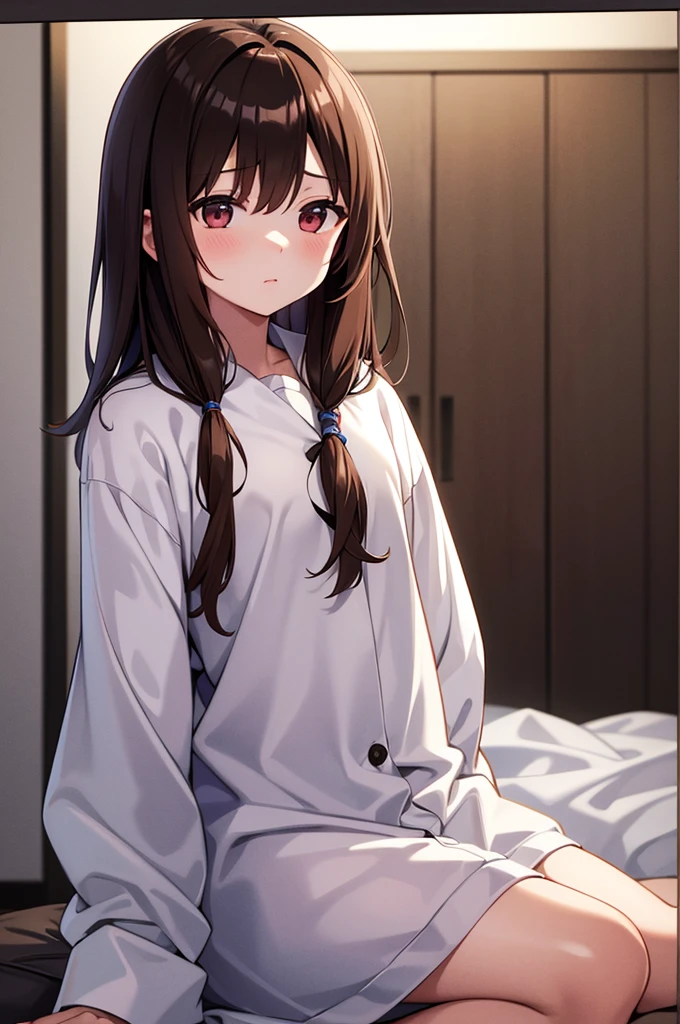 Shinonome Ena、Brown Hair、View here、Big white shirt、White oversized shirt、Inside the room、I&#39;m only wearing a shirt