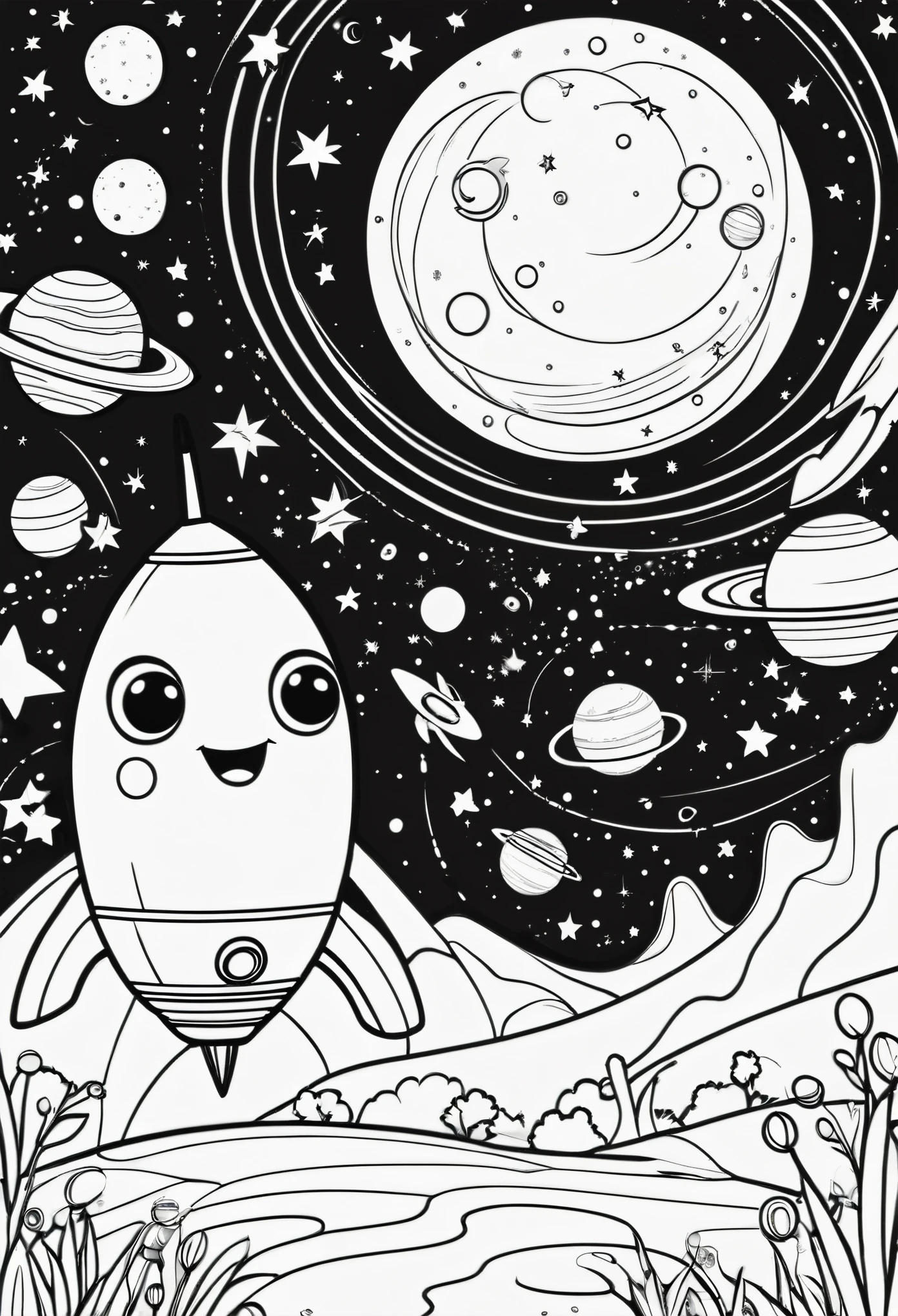 A delightful black line art coloring page for kids, set in a whimsical outer space scene. In the foreground, a rocket ship with a cheerful astro naut waving from the window, smiling and ready to greet the young colorists. To the side, a friendly alien in a UFO, with a round face and wide eyes, adds an extra touch of fun. Scattered around are a few planets with rings, and in the background, a sprinkling of twinkling stars. The simple and clean design allows children to easily bring the scene to life with their choice of colors, illustration